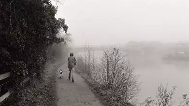 Man walking with dog, Grey, River 
